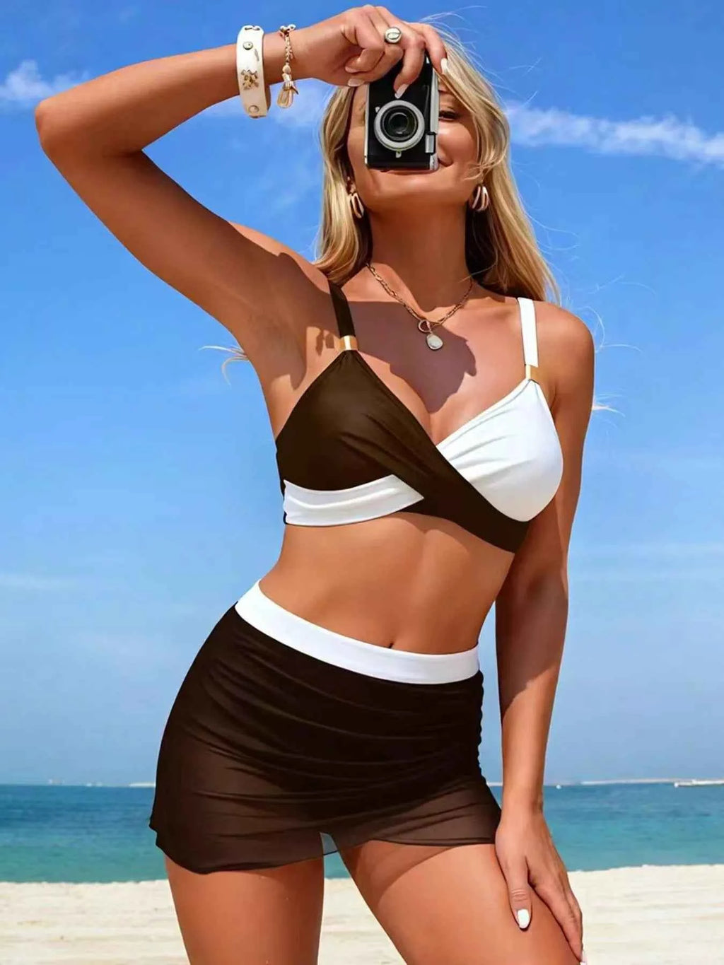 Women's Two-Tone Cami Skort Swim Set Removable Padding Multi Colors S-2XL