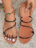 Women's Strappy Faux Leather Flat Sandals Open Toe Black Gold Silver US 5-11 Black