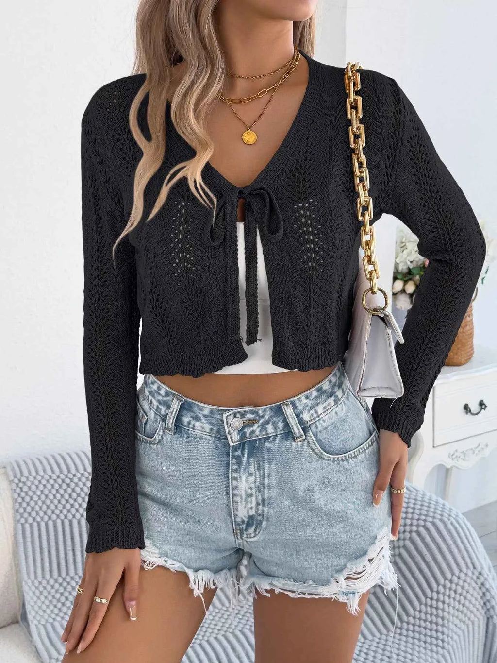 Women's Crochet Knit Tie Front Cropped Cardigan Lightweight Open Knit S-XL