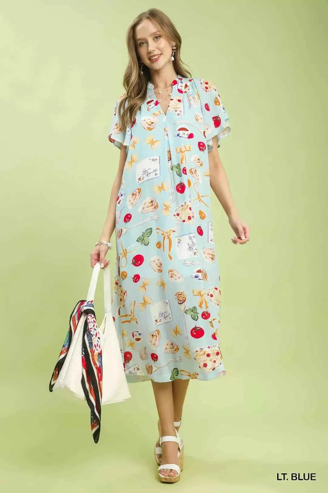 Women's Umgee Abstract Print Flutter Sleeve Midi Dress Light Blue S-L