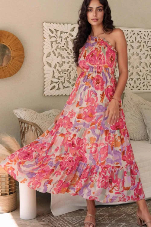 Floral Print Shirred One Shoulder Maxi Dress Floral