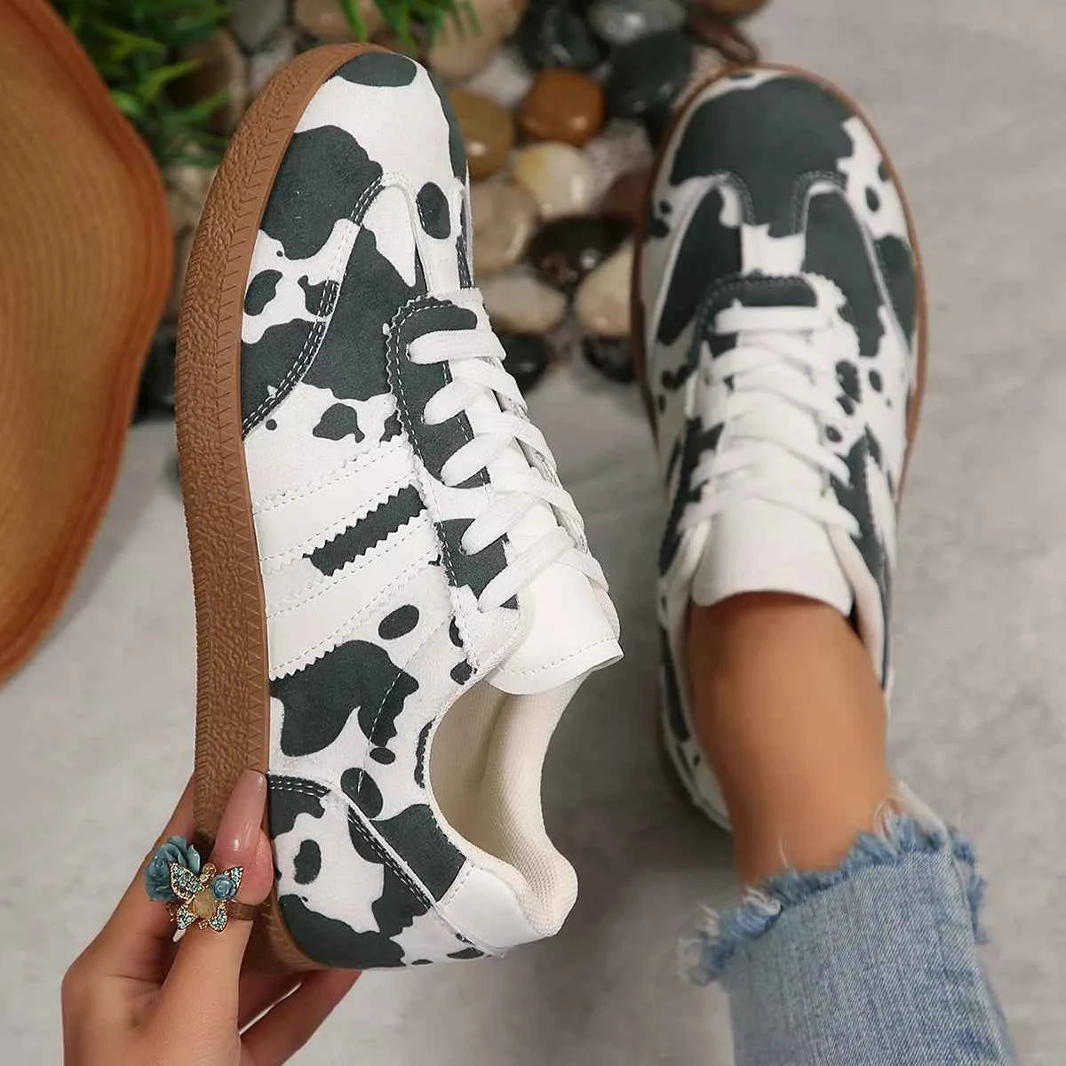 Women's Cow Print Casual Flat Sneakers PU Leather Black Brown US 5-11