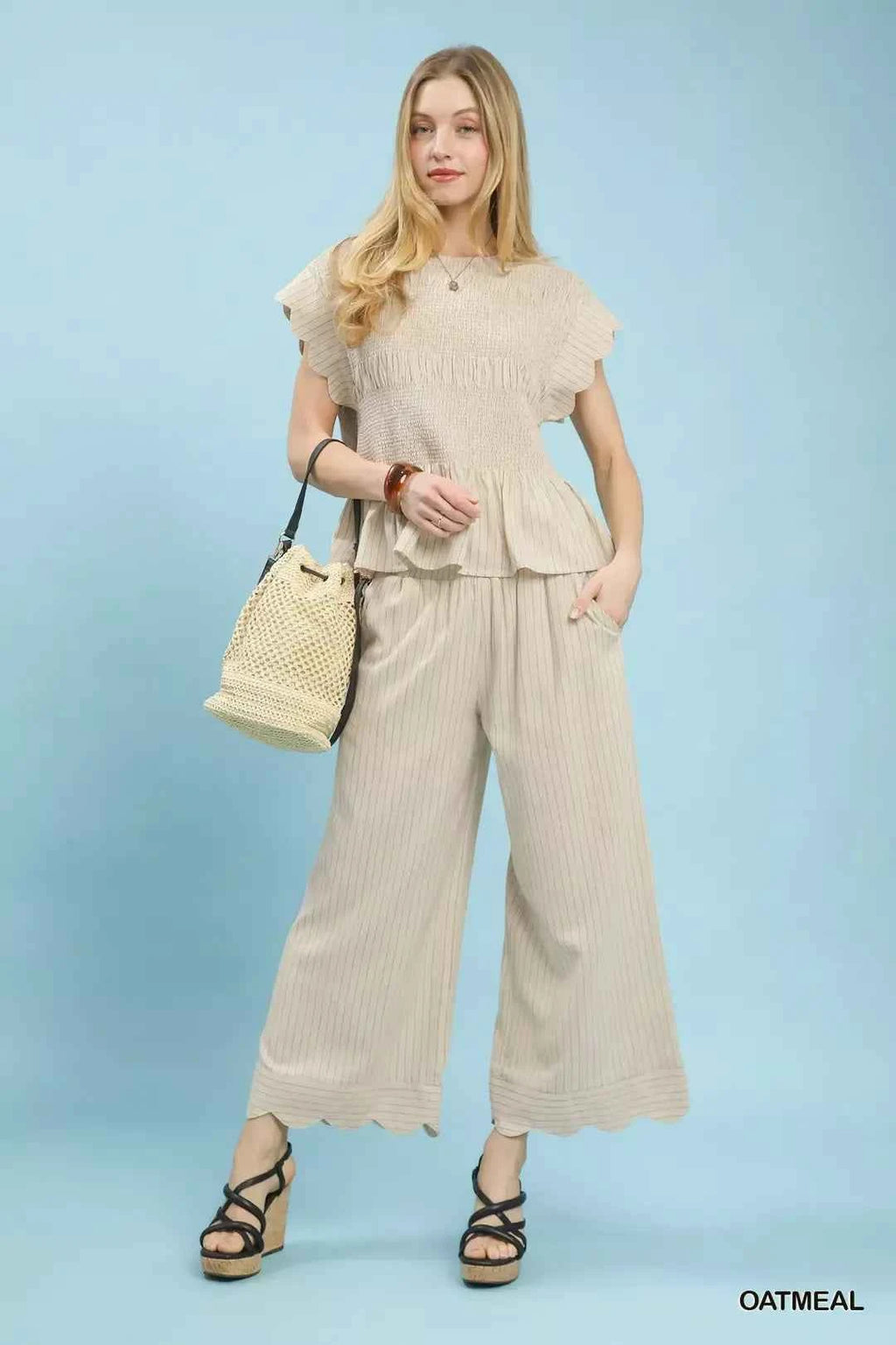 Women's Umgee Pinstripe Wide Leg Linen Pants Scalloped Hem Oatmeal S-L
