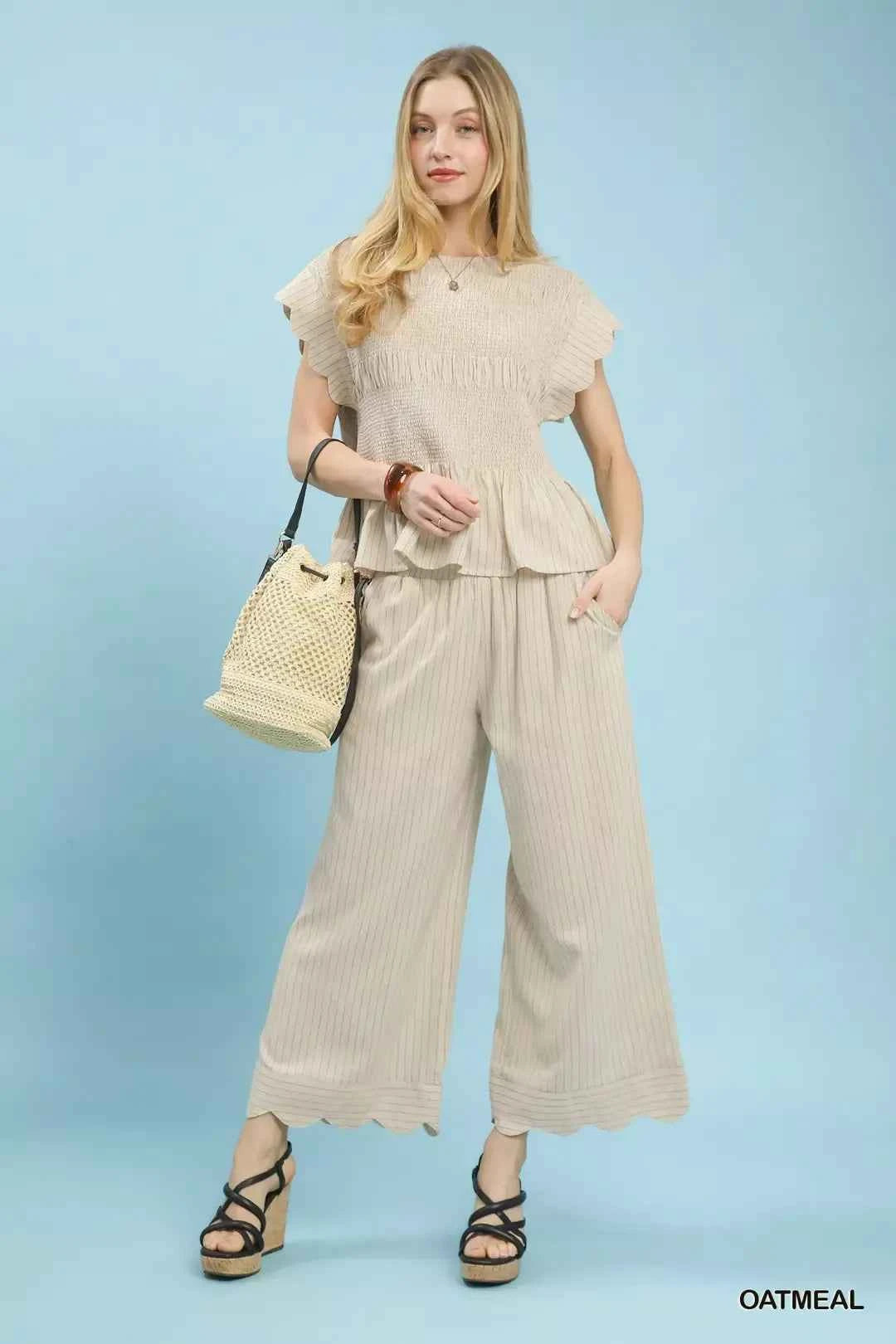 Women's Umgee Pinstripe Wide Leg Linen Pants Scalloped Hem Oatmeal S-L