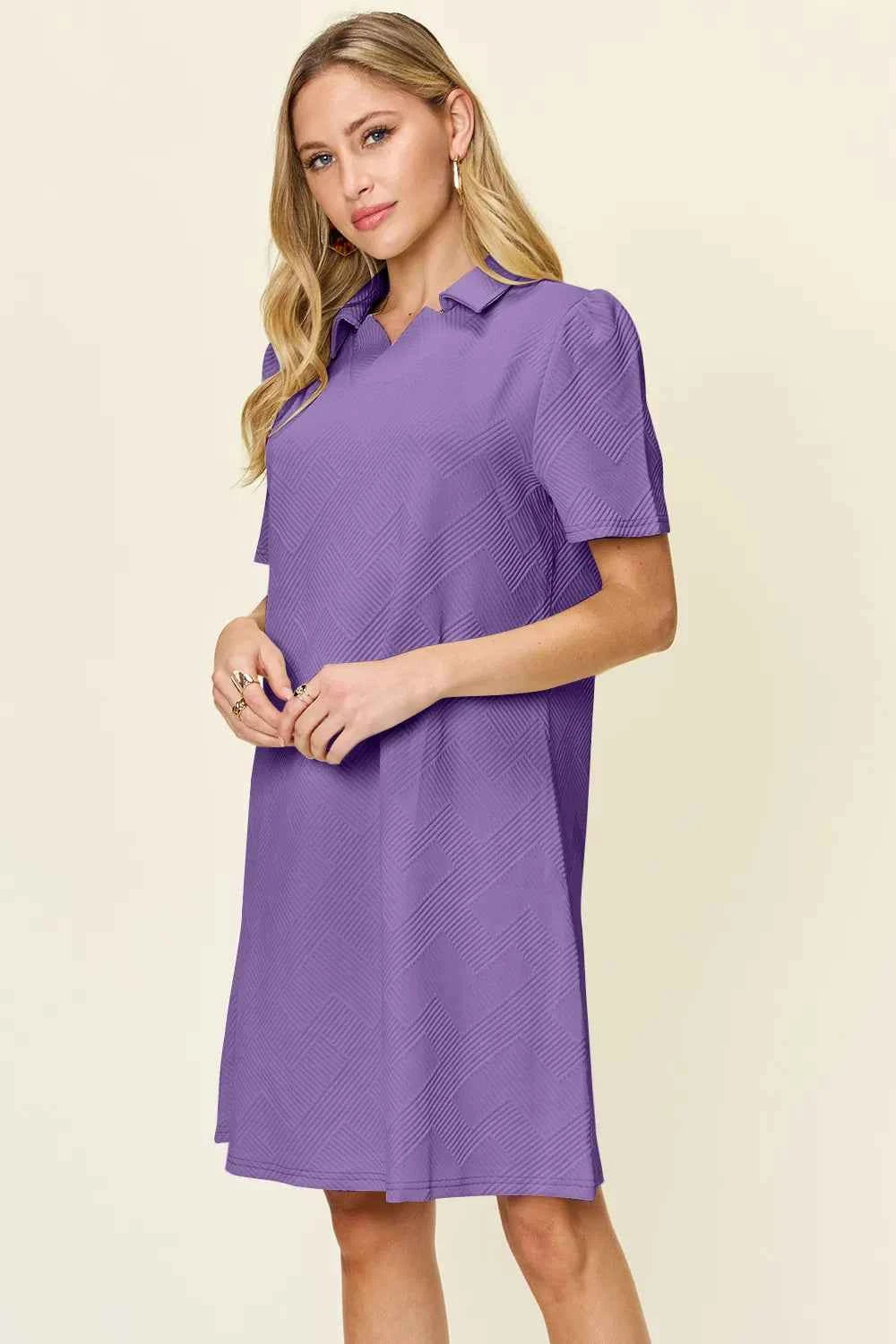 Women's Double Take Texture Collared Neck Short Sleeve Dress Multi Colors S-3XL