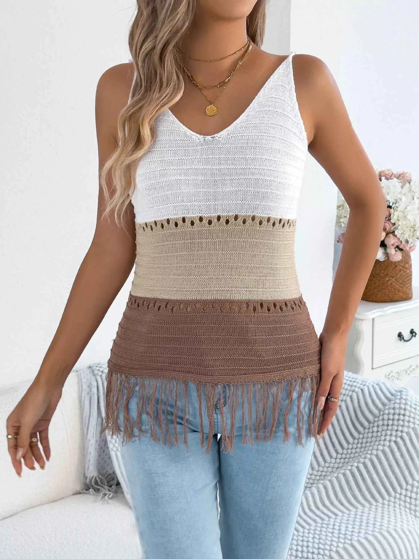 Women's Color Block Fringe Hem Knit Cami Sleeveless Top Multi Colors S-XL