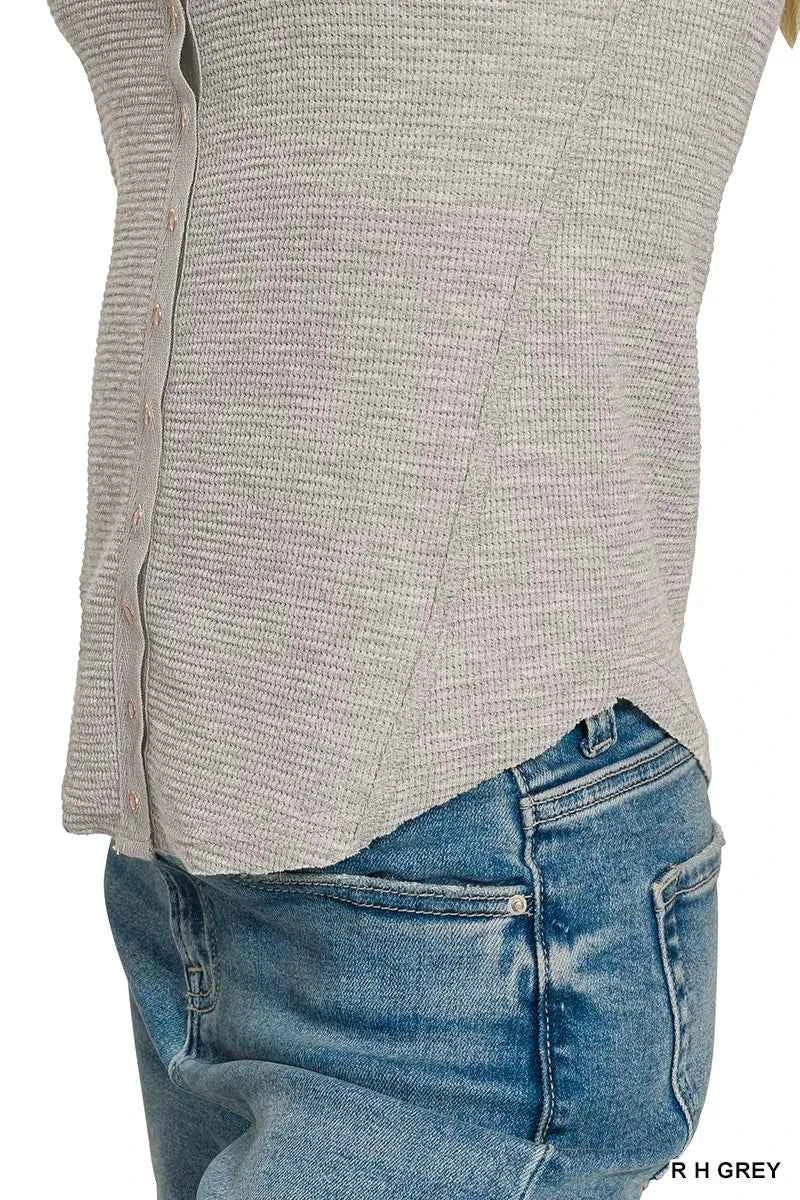 Women's Zenana Double Knit Snap Button Short Sleeve Shirt Heather Grey S-L