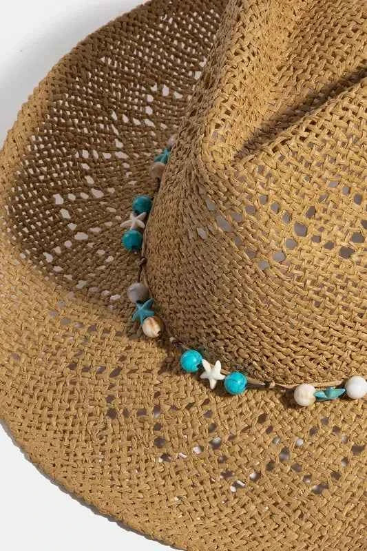 Fame Women's Turquoise Shell Star Beads Strap Western Straw Hat Boho Beach Brown One Size