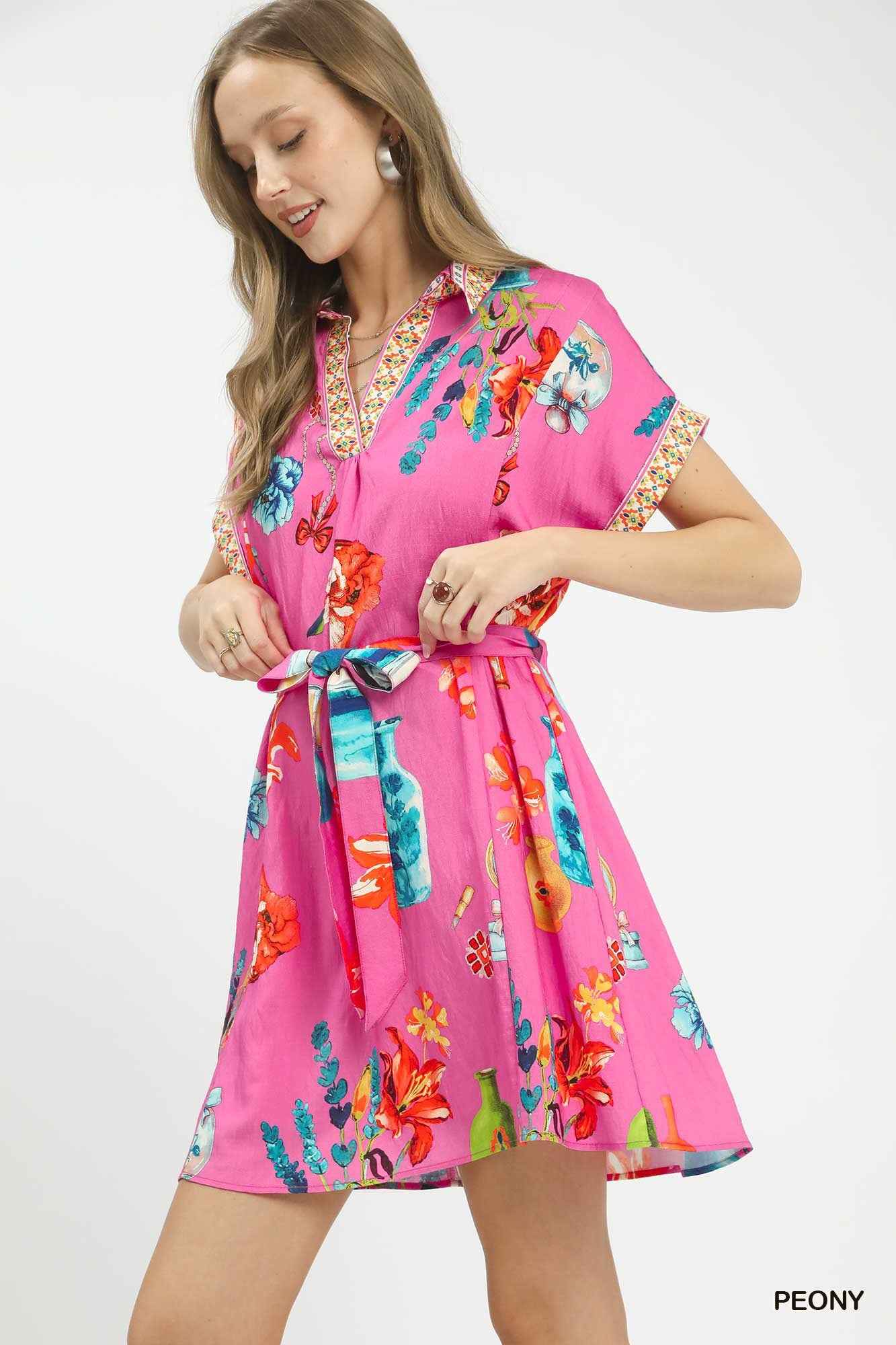 Umgee Women's Floral Print Belted Mini Dress Pockets Boho Beach Peony Pink S