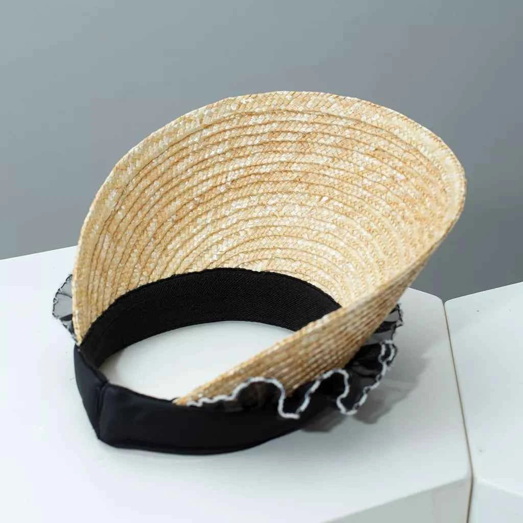 Women's Lace Trim Woven Straw Visor Sun Hat Beach Resort Black Beige One Size