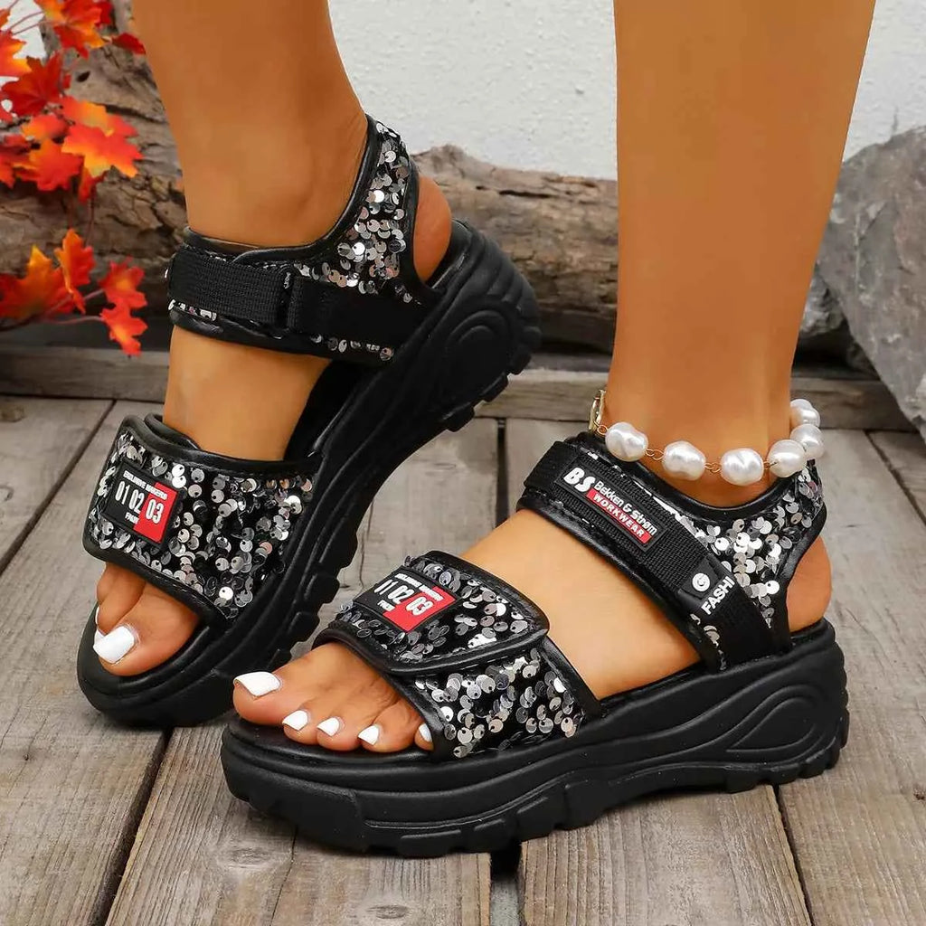 Women's Sequin Open Toe Platform Flat Sandals Slip-On Black White EU 35-42