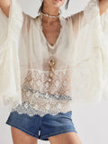 Women's Lace V-Neck Ruffle Long Sleeve Cover-Up 3 Colors S-XL White