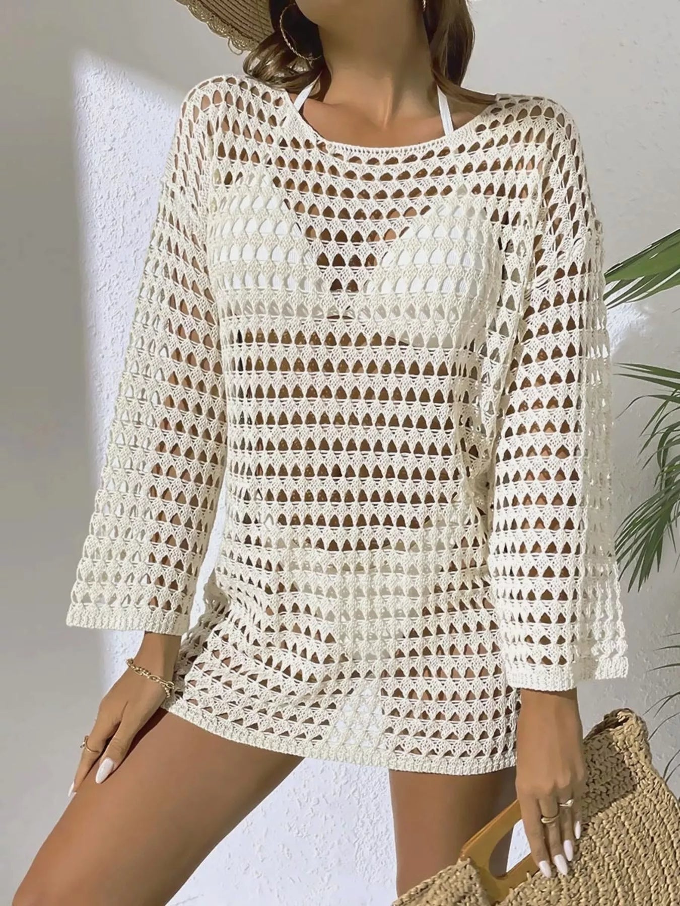 Women's Crochet Openwork Knit Long Sleeve Beach Cover-Up Top Multi Colors S-L Beige