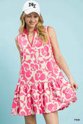 Umgee Women's Floral Sleeveless Ruffle Tiered Mini Dress V-Neck Pink S-L PINK