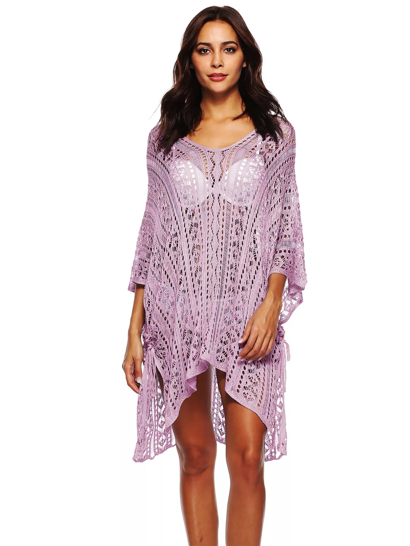 Women's Crochet Knit V-Neck Slit Cutout Beach Cover-Up Multi Colors One Size Pink Purple One Size