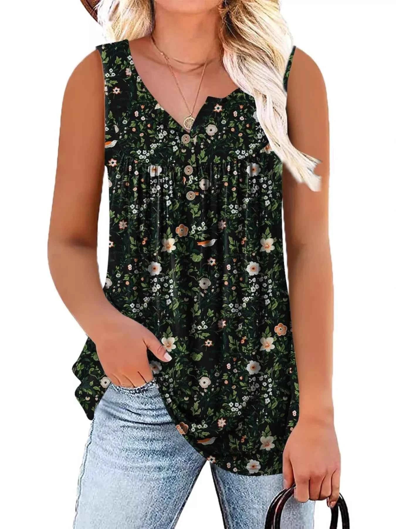 Full Size Floral Print Button Detail Tank Plus Size Black