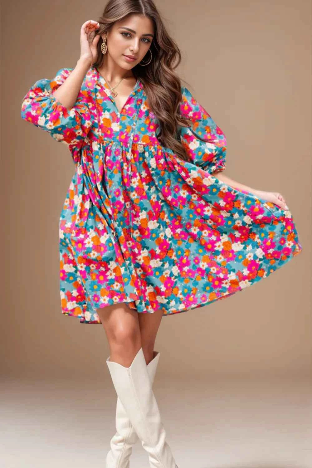Floral Tie Neck Puff Sleeve Mini Dress