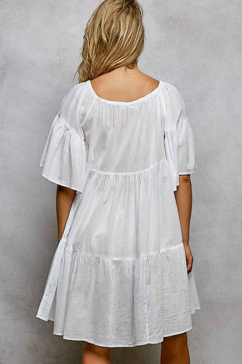 Women's Embroidered Tassel Mini Dress Square Neck Ruffle Sleeve Ivory S-M