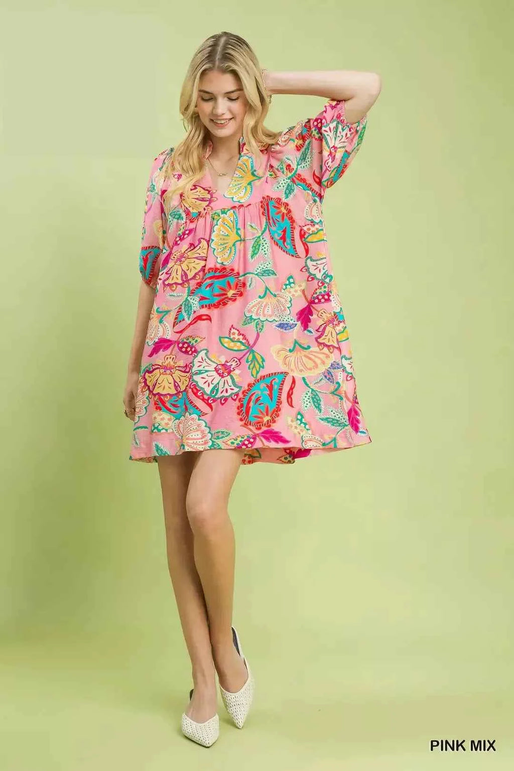 Women's Umgee Paisley Print V-Neck Mini Dress Pockets Pink Mix S-L