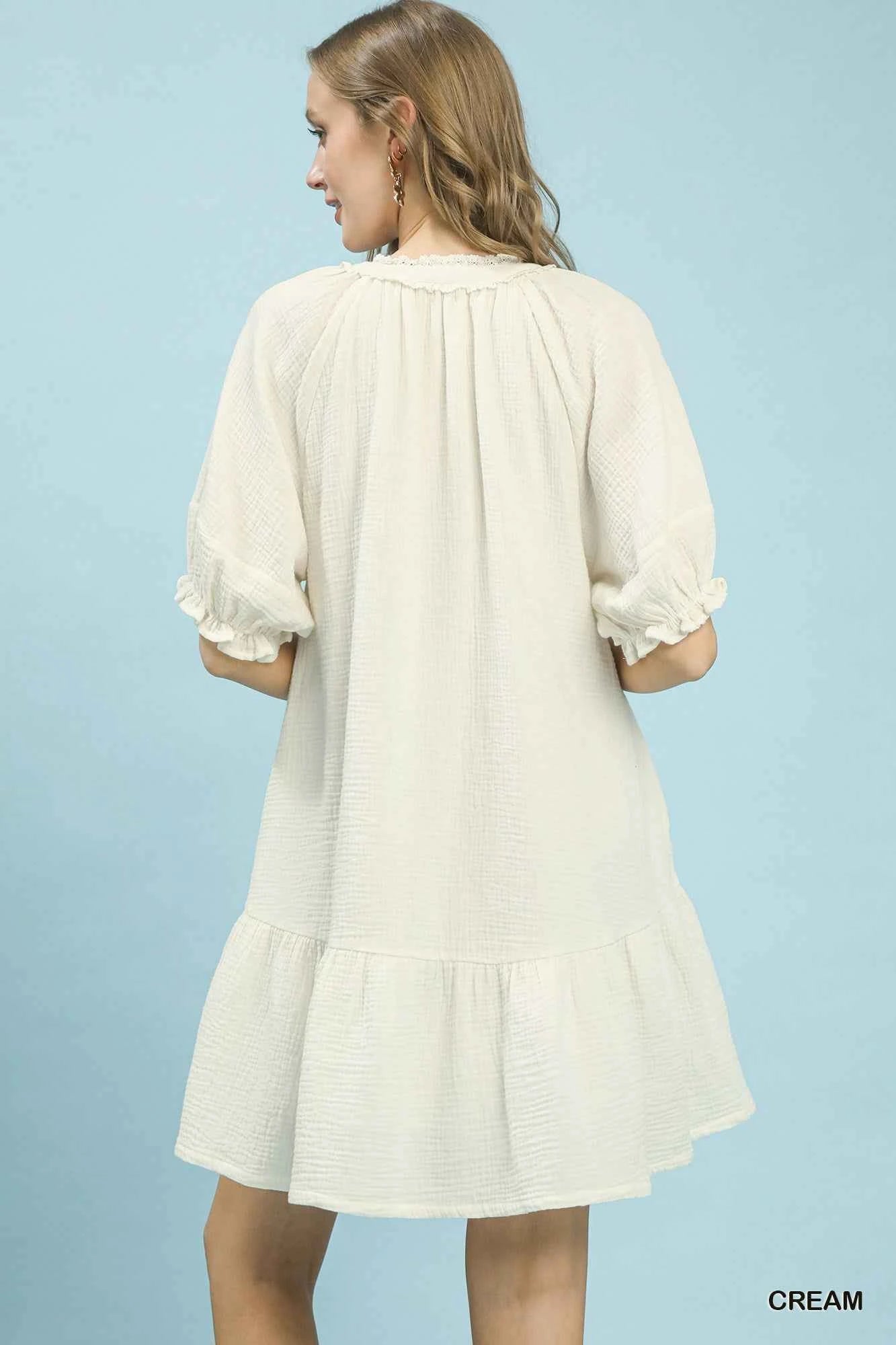 Women's Umgee Cotton Gauze Tiered Mini Dress V-Neck Lace Detail Cream S-L