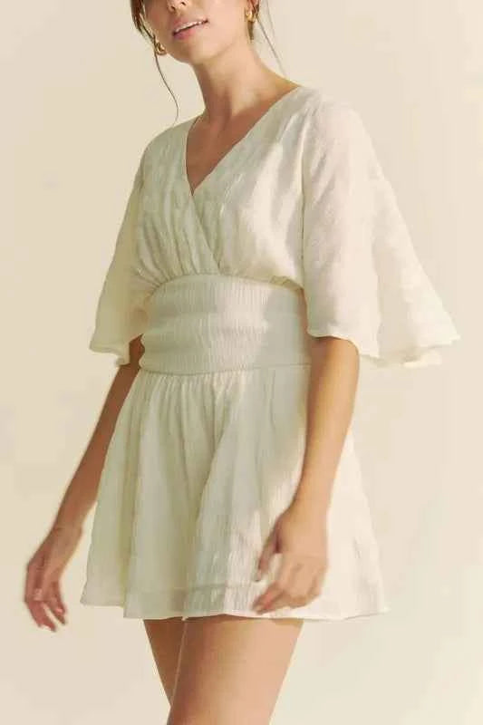 Davi & Dani Women's Batwing Sleeve Belted Romper Ruched Smocked Beach Cream L