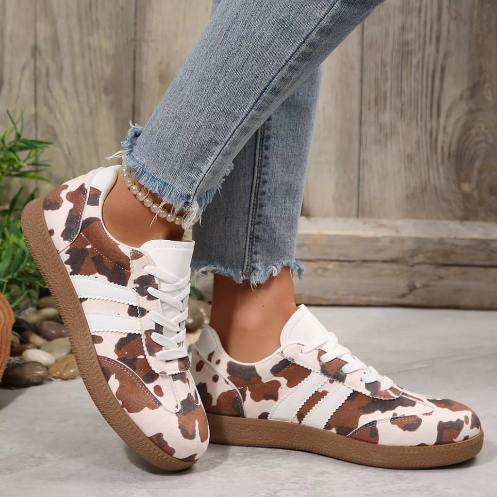 Women's Cow Print Casual Flat Sneakers PU Leather Black Brown US 5-11