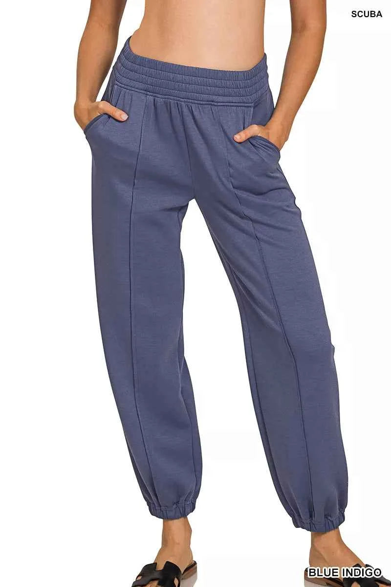 Women's Zenana Scuba Elastic Waist Jogger Sweatpants Pockets Blue Indigo S-L BLUEINDIGO