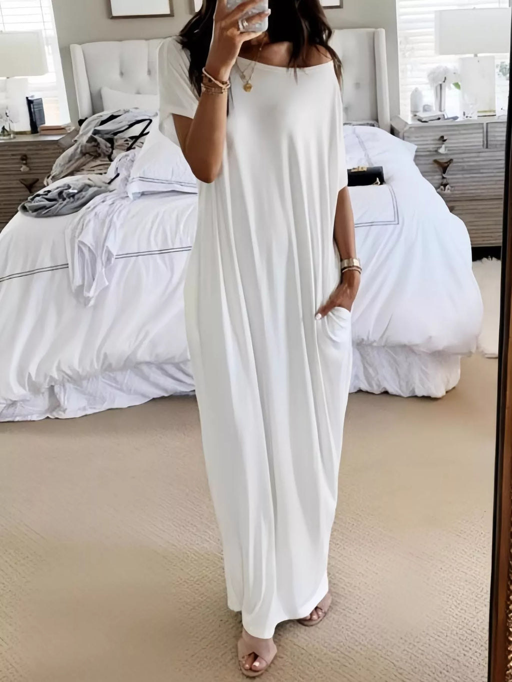 Women's Loose Fit Maxi Dress with Pockets – 5 Colors, S to 3XL White Maxi Dresses