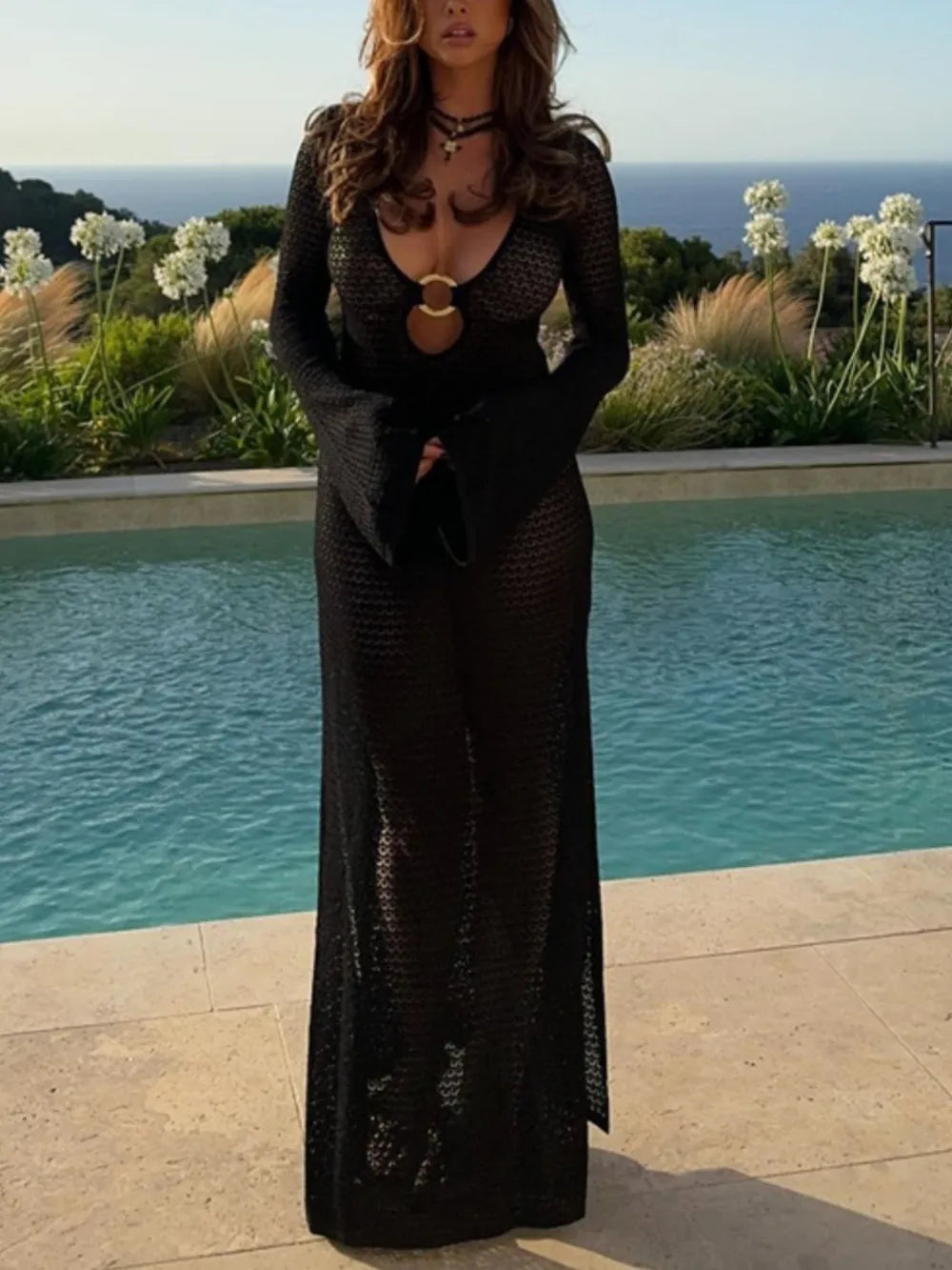 Women's Plunge Flare Sleeve Cover-Up Dress Slit Cutout S-XL Cover-Ups - Swimwear