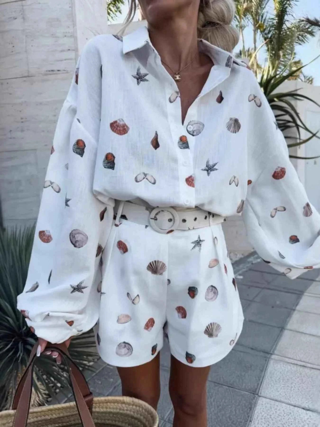 Women's Shell Print Long Sleeve Shirt Belt Shorts Two-Piece Set Beach White S-2XL