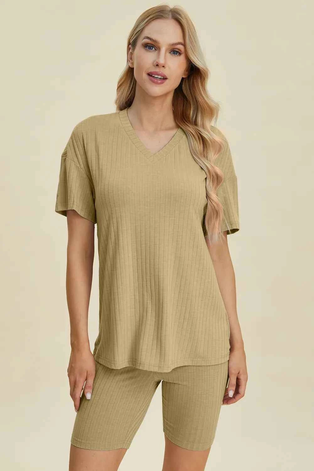 Women's Basic Bae Ribbed V-Neck Top and Shorts Set Two-Piece Multi Colors S-3XL Chartreuse