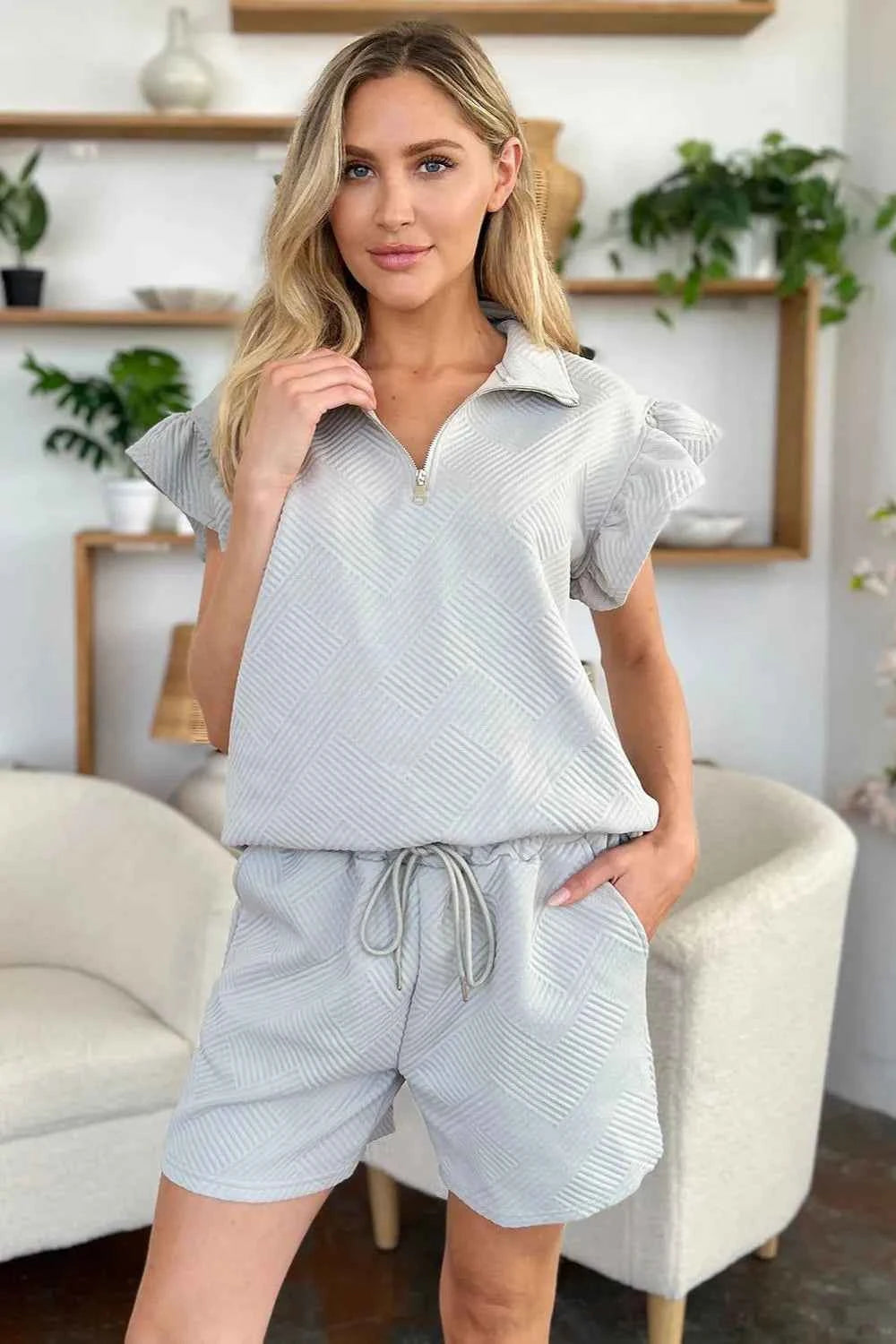 Women's Double Take Flounce Sleeve V-neck Top Shorts Set Two-Piece Multi Colors S-3XL