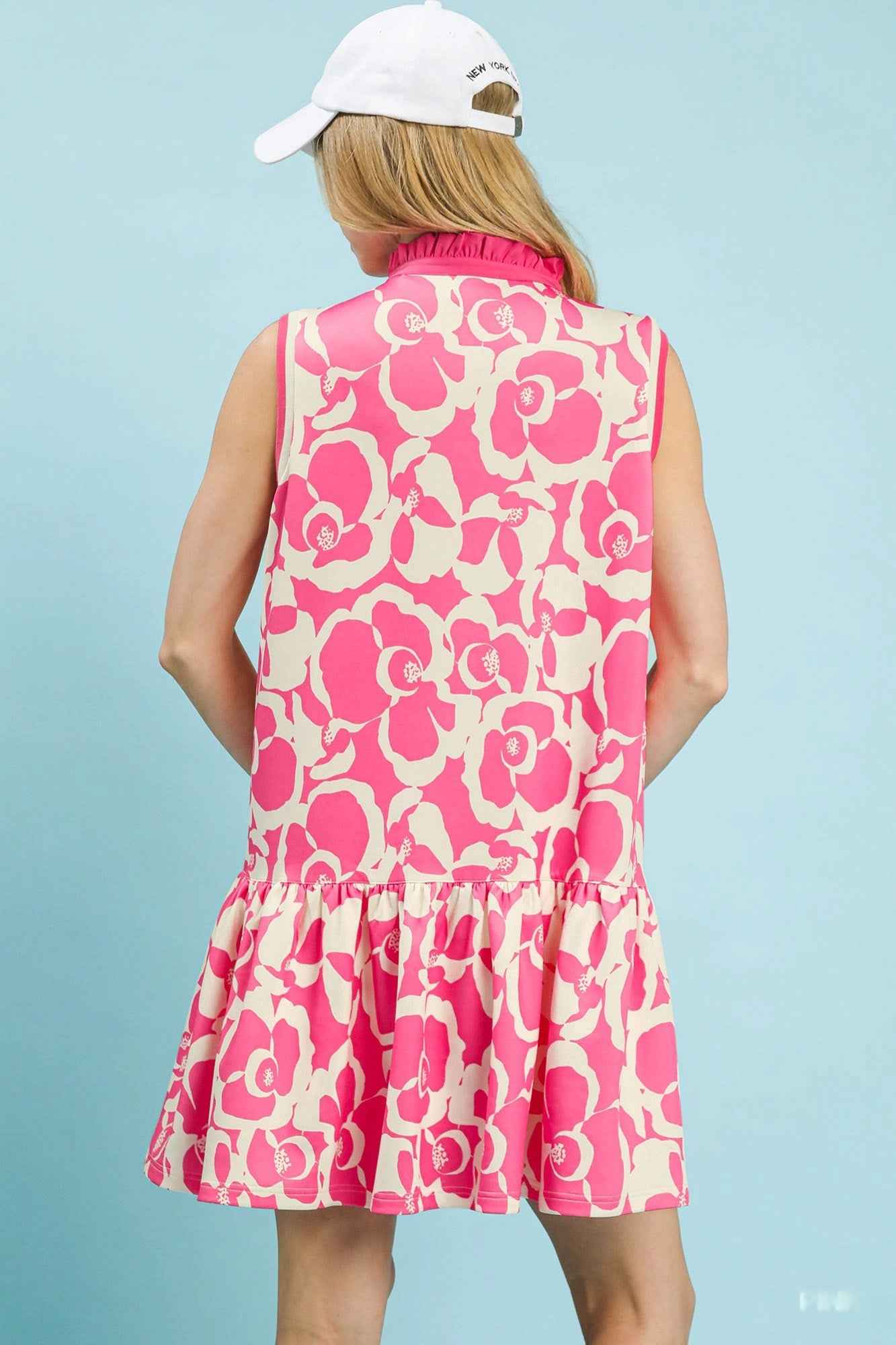 Umgee Women's Floral Sleeveless Ruffle Tiered Mini Dress V-Neck Pink S-L