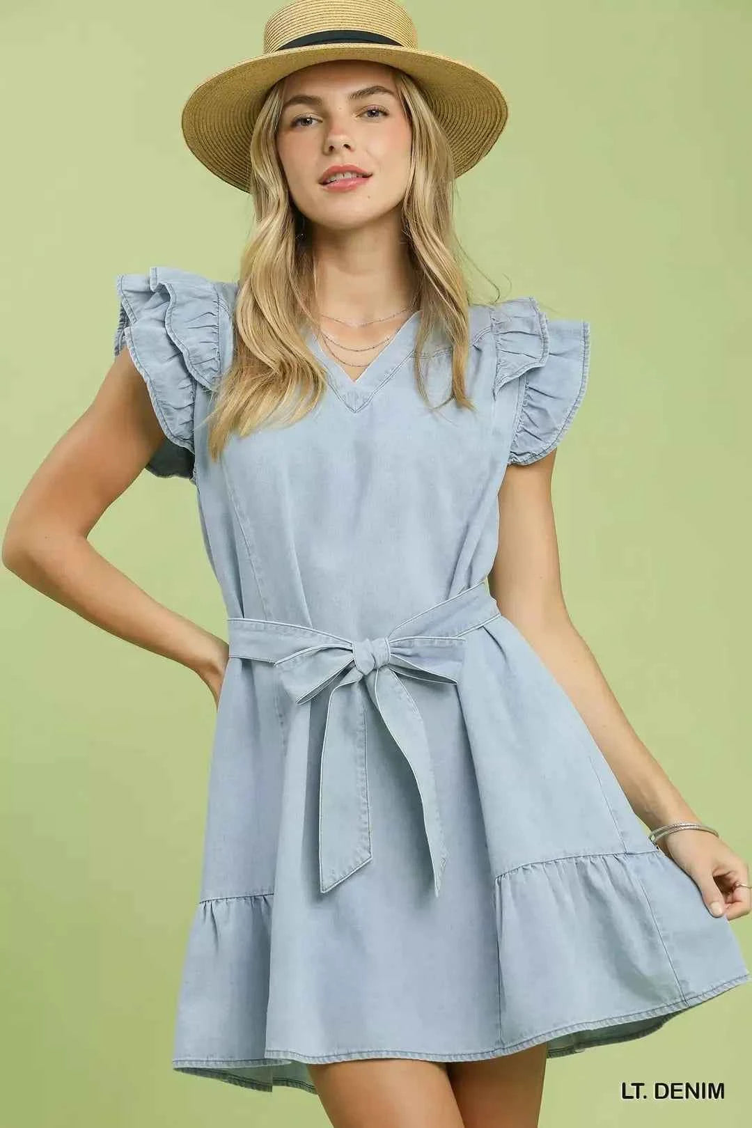 Women's Chambray Denim Ruffle Babydoll Dress Self-Tie Belt Pockets Lt Denim S-L LT. DENIM