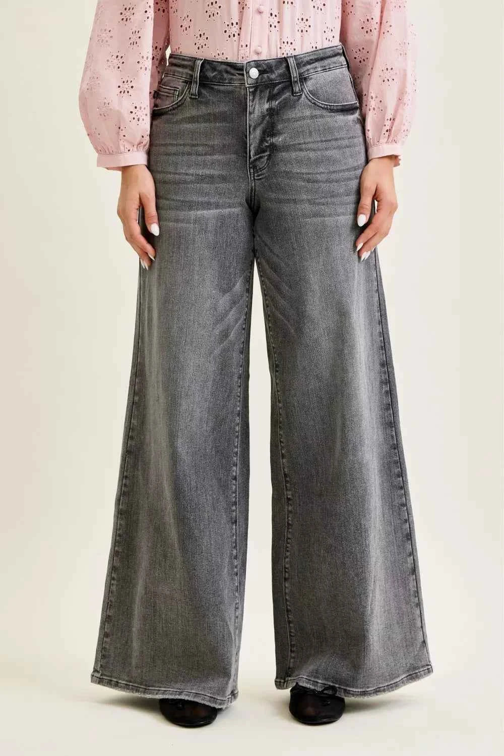 Women's Judy Blue Mid Rise Palazzo Wide Leg Pants Split Yoke Grey 0-15 Gray