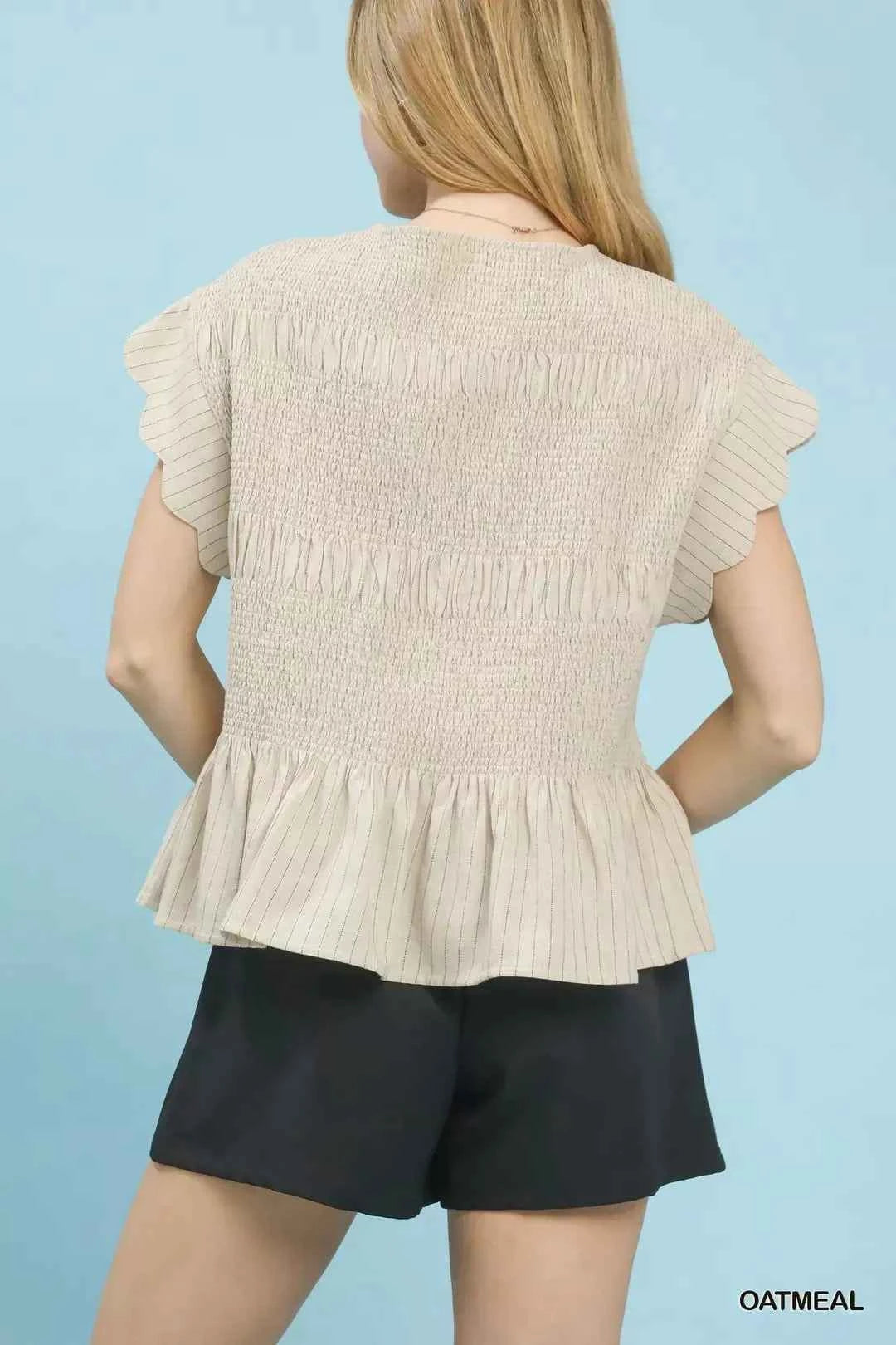 Women's Umgee Pinstripe Smocked Peplum Top Ruffle Cap Sleeve Oatmeal S-L
