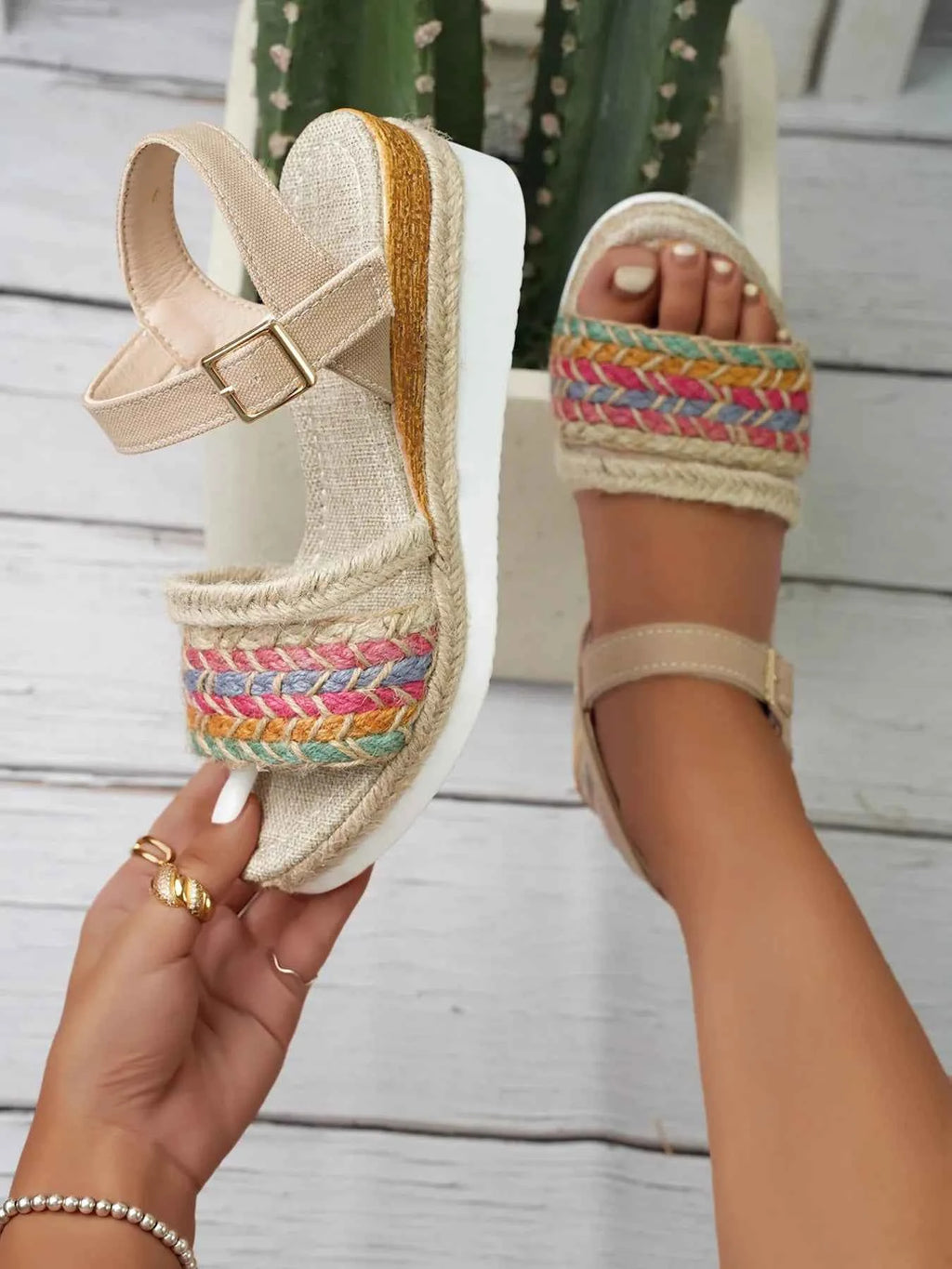Women's Braided Rainbow Strap Platform Wedge Sandals Camel US 5-11