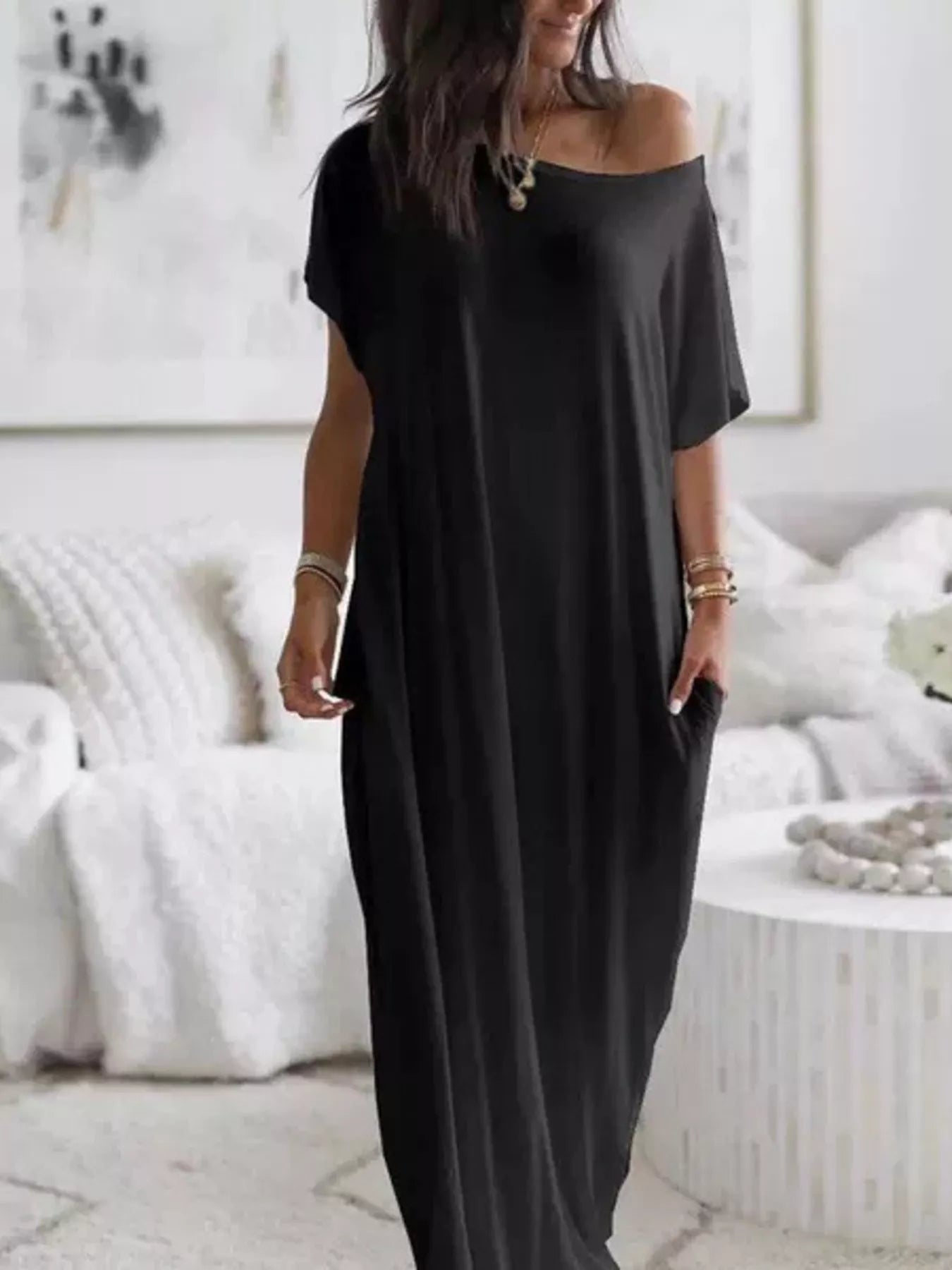 Women's Loose Fit Maxi Dress with Pockets – 5 Colors, S to 3XL Black Maxi Dresses