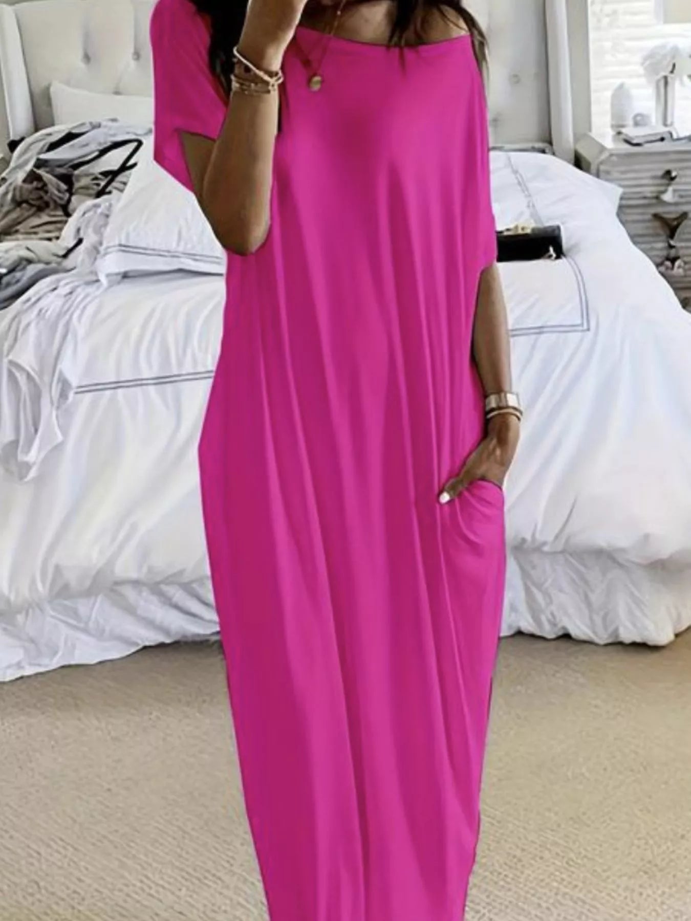 Women's Loose Fit Maxi Dress with Pockets – 5 Colors, S to 3XL Rose Red Maxi Dresses