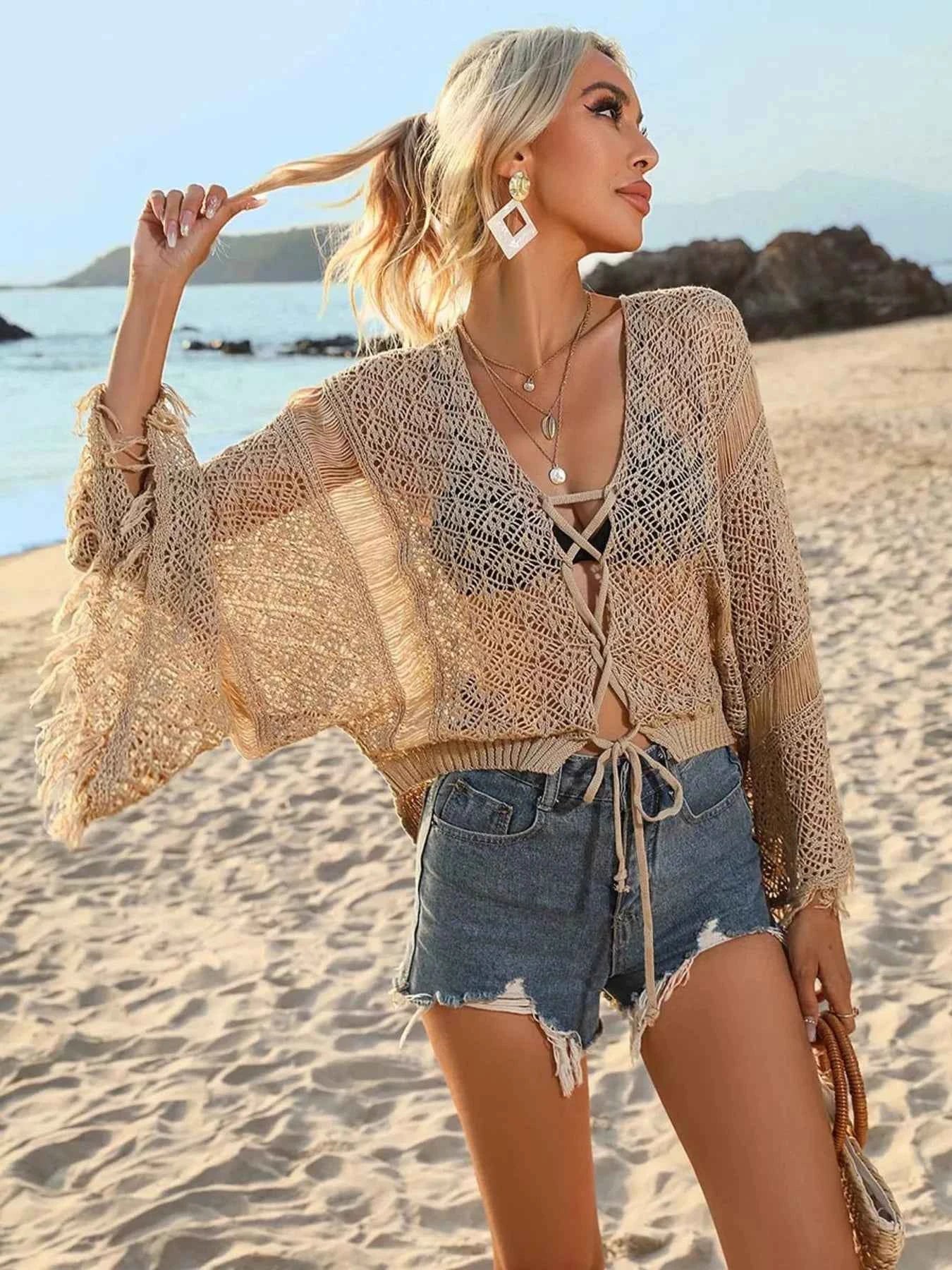 Women's Crochet Knit Tie Front Openwork Beach Cover-Up Top Multi Colors S-XL Apricot