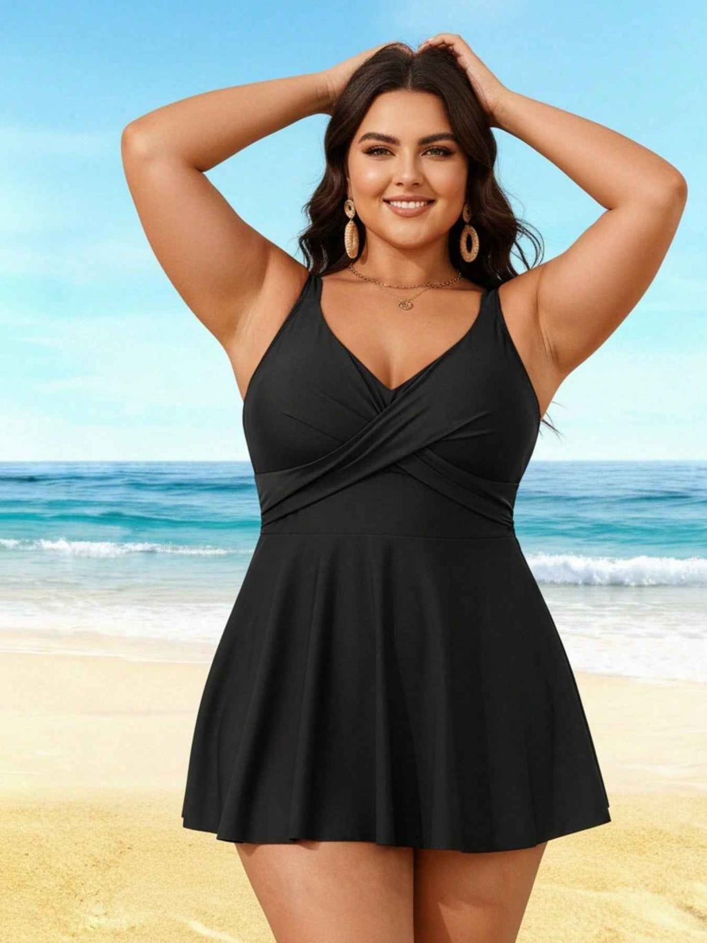 2026 Elegant Plus Size Swim Dress - Black Cross-Front Design, Flared Silhouette, Modest Beach & Pool Swimwear
