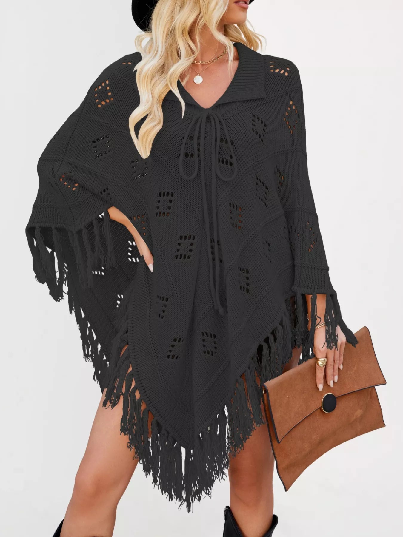 Women's Fringe Tassel Tie Openwork Knit Boho Beach Cover Up Multi Colors S-XL Black