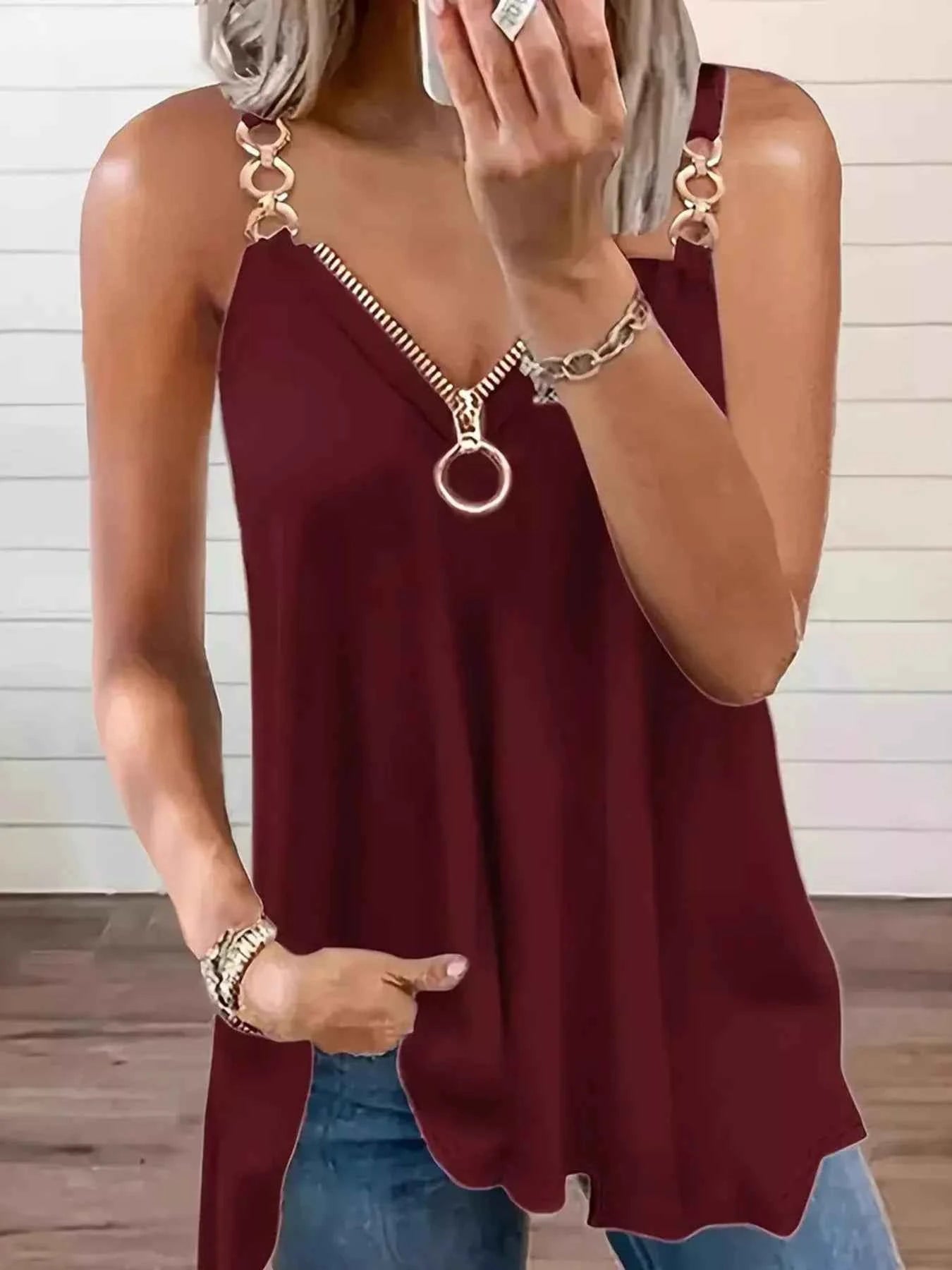 Zipper Detail Chain Strap Cami Burgundy