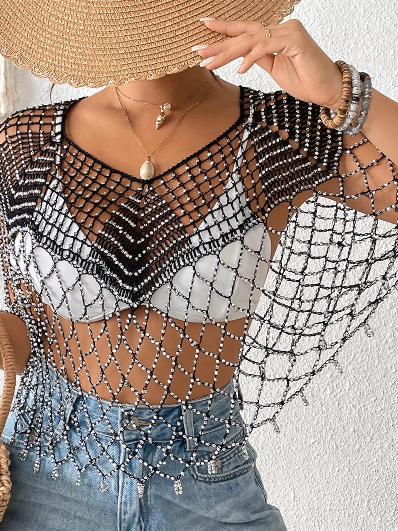 Women's Beaded Crochet Cover Up Cutout Beach Boho One Size Black White Gold