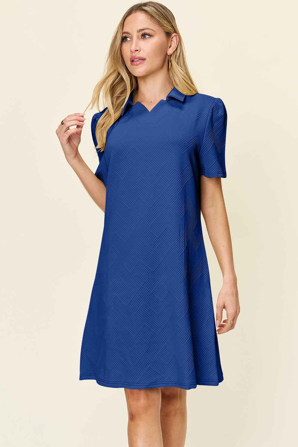 Double Take Women's Texture Collared Neck Short Sleeve Dress S-3XL Pastel Blue