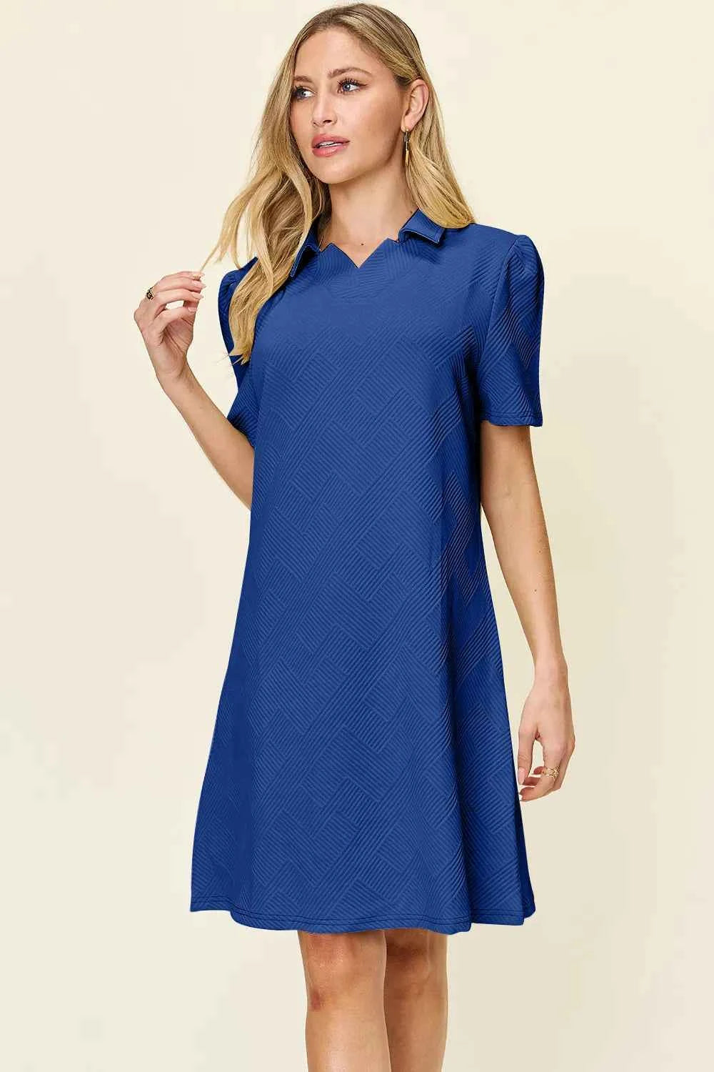 Women's Double Take Texture Collared Neck Short Sleeve Dress Multi Colors S-3XL
