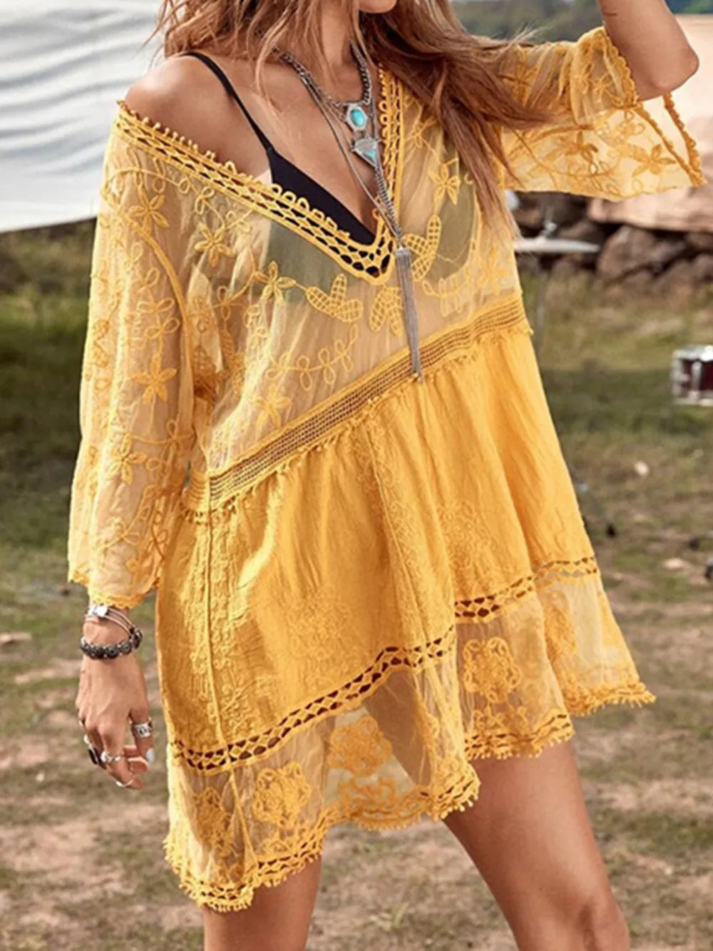 Women's Lace Detail Plunge Cover-Up Dress 5 Colors One Size Gold One Size Cover-Ups - Swimwear