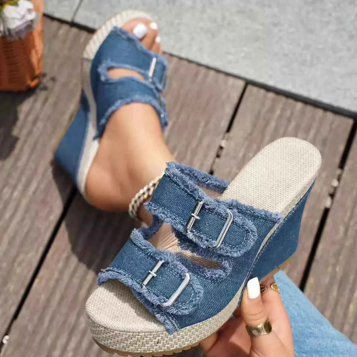 Women's Buckle Strap Open Toe Wedge High Heel Sandals Dark Blue Black EU 35-43