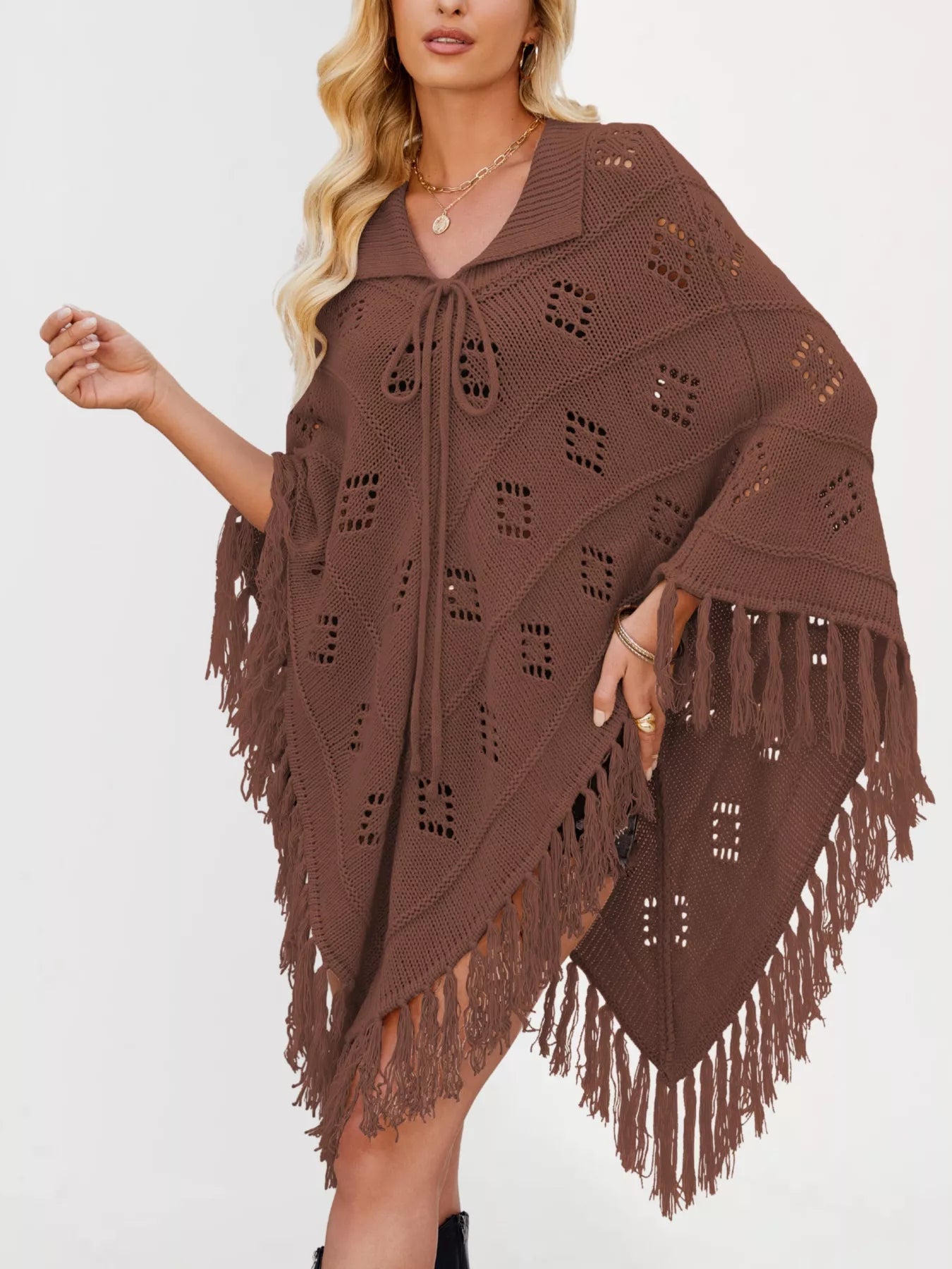 Women's Fringe Tassel Tie Openwork Knit Boho Beach Cover Up Multi Colors S-XL