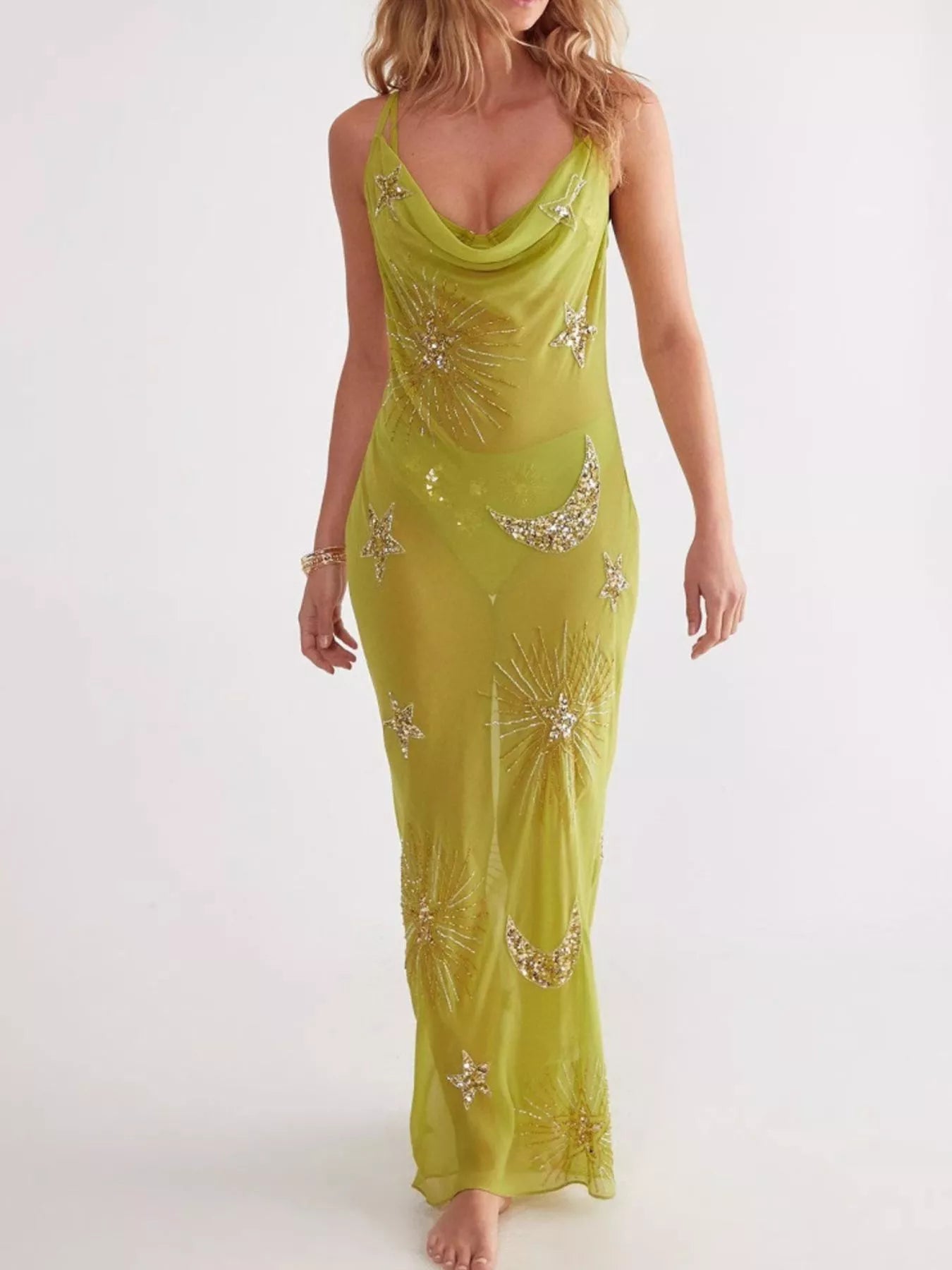 Women's Sequin Backless Sheer Stars & Moons Maxi Cover-Up Dress Multi Colors S-L Green